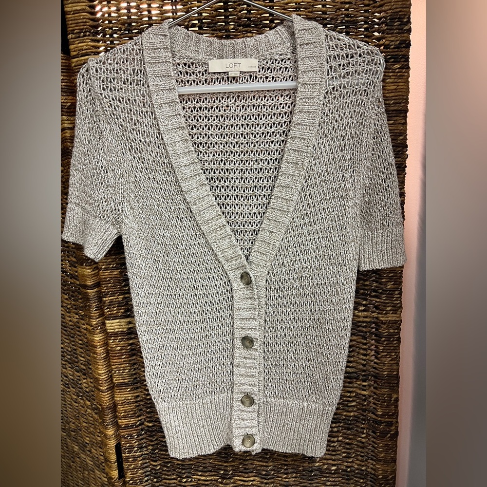 Ann Taylor Loft Petites, Gold/Silver Button Cardigan Sweater- open hole, Size:LP